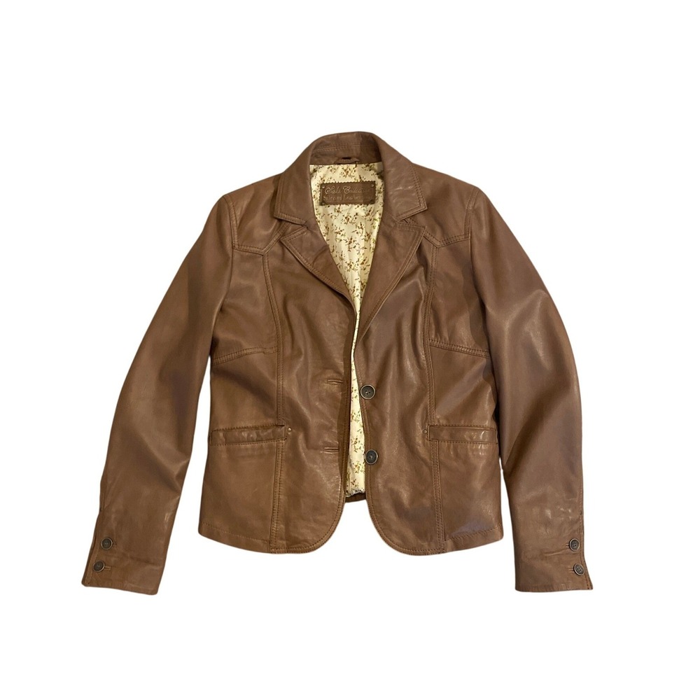 Saki Collection Brown Leather Blazer Jacket Floral Lining Size 38 Vintage